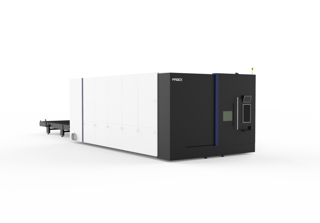 MK-G fully enclosed 12kw+ high power fiber laser cutting machine with exchange platform.