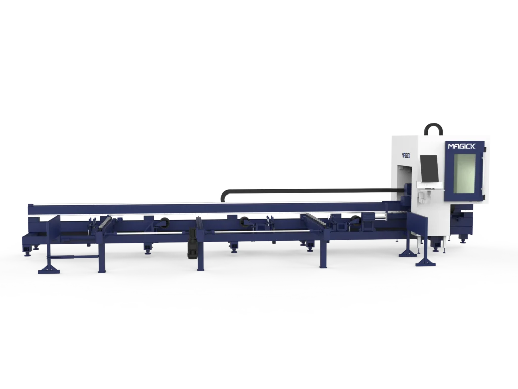 MK-T2C two-chuck side-mounted heavy-duty pipe fiber laser cutting machine with semi-automatic loading